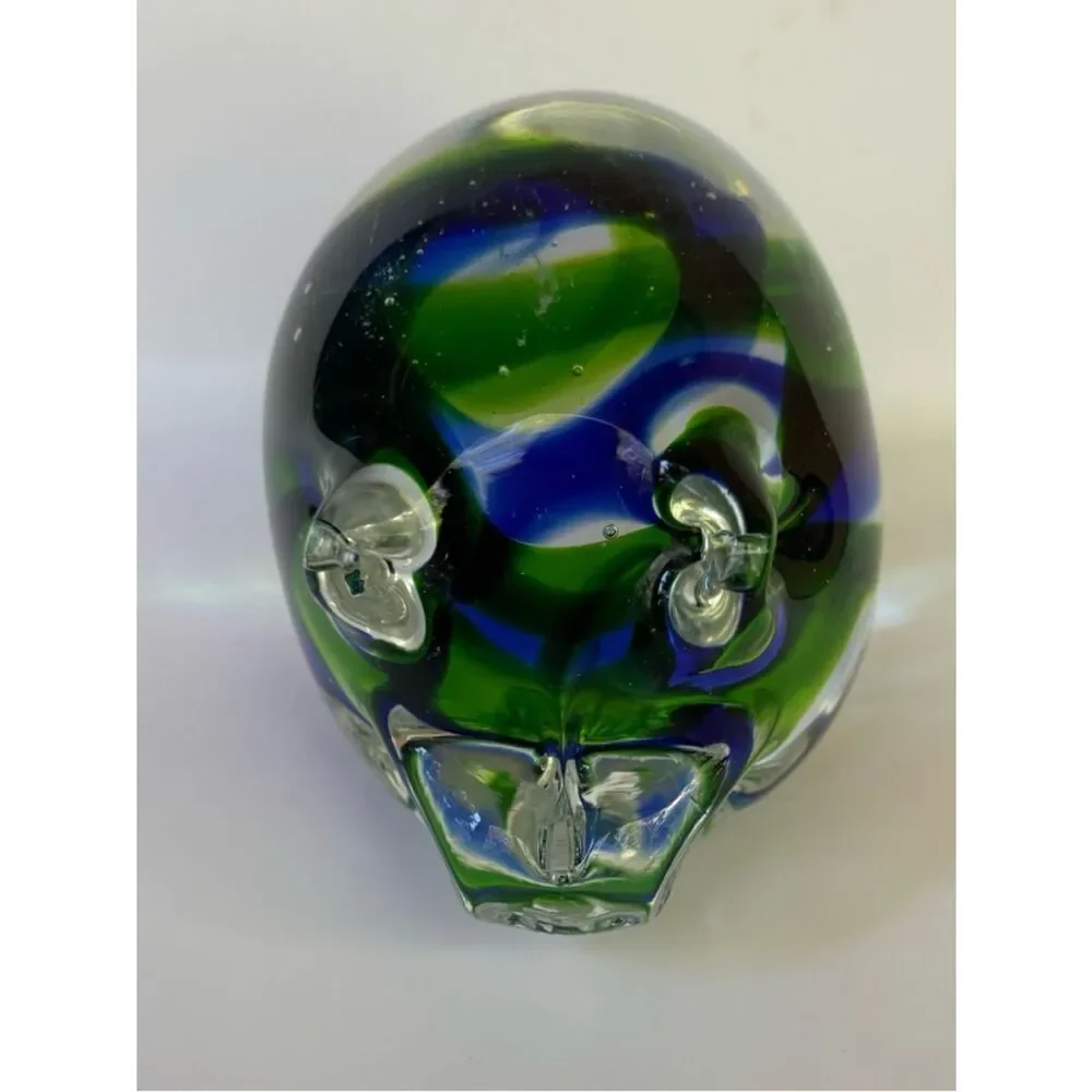 Vintage Murano Glass Pig Paperweight with Blue and Green Ribbon Motif